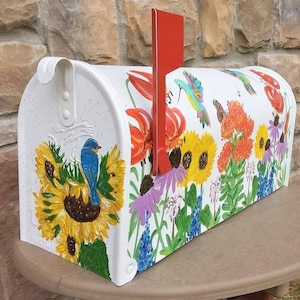Hand painted mailbox, Medium mailbox, Wildflowers, Hummingbirds, Floral, Artistic, Unique designs, Sample, Custom Designs