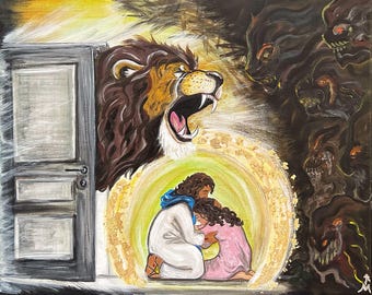 May include: A painting depicting a lion roaring at a closed door, while a couple embraces inside a circle of light. The background is dark with shadowy figures.