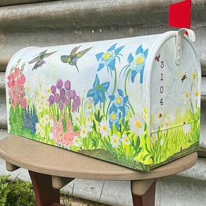 Hand painted large mailbox, Large mailbox, Hydrangeas, Wildflowers, Hummingbirds, Artistic, Unique designs, Sample, Custom Designs