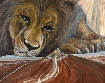 May include: An oil painting depicts a lion with blue eyes gazing down at a figure on a brown hill. A white dove flies near the hill, and the text "El Roi" is written in white script. The background features a bright, sun-like light.