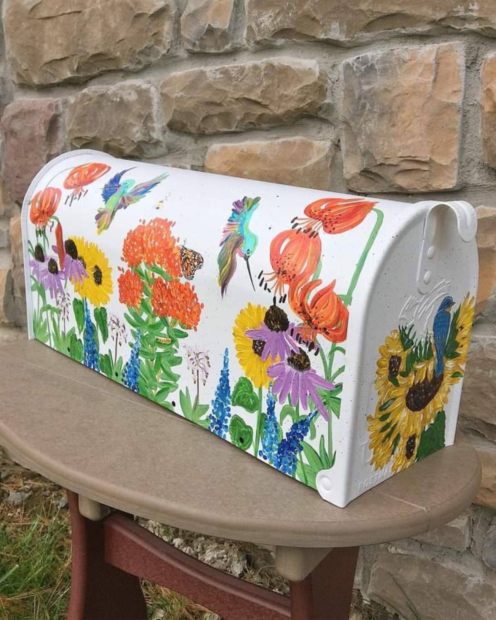 Hand Painted Mailbox, Medium Mailbox, Wildflowers, Hummingbirds, Floral ...