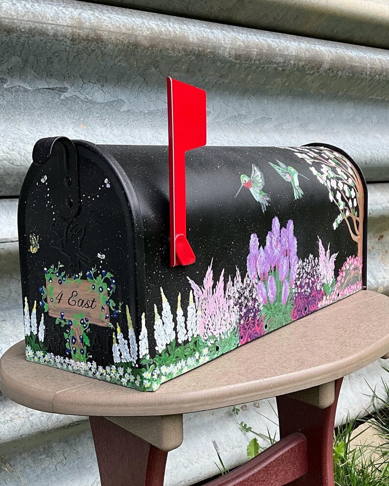 Hand Painted Mailbox, Medium Mailbox, Wildflowers, Hummingbirds, Floral ...