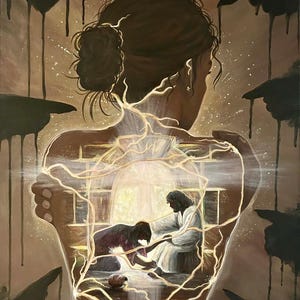 May include: An artistic painting depicts a woman's silhouette with a detailed interior scene. The inner image shows a biblical scene with figures in robes. The artwork uses warm tones and a glowing effect.