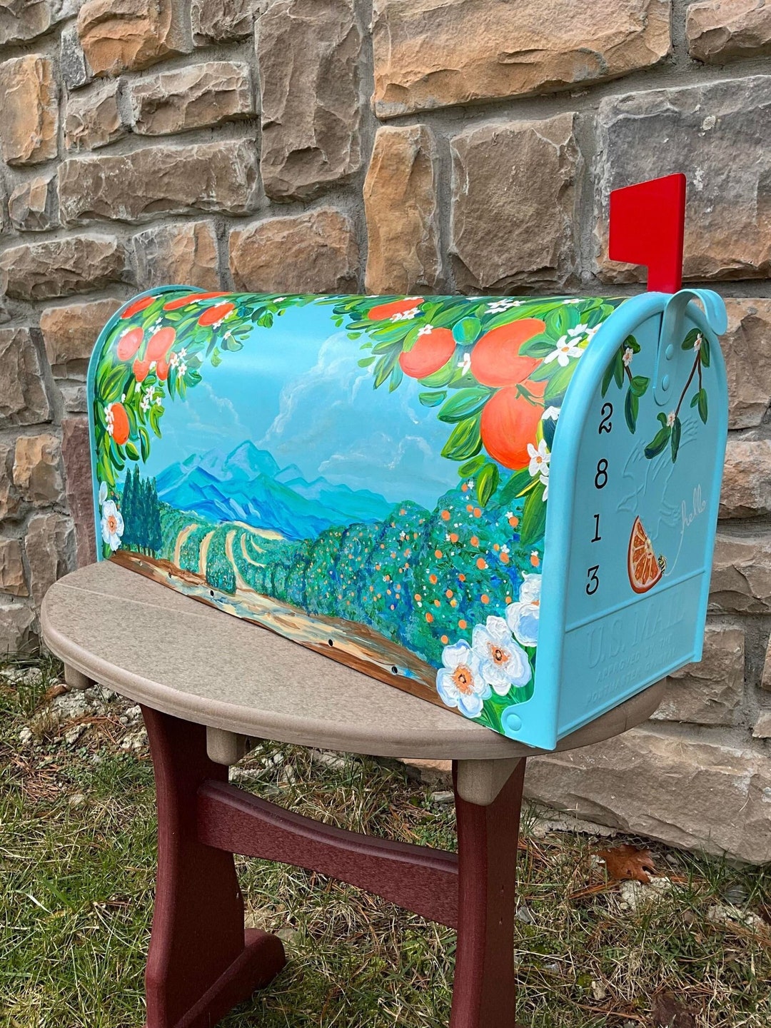 Hand Painted Mailbox, Large Mailbox, Orange Grove, Landscape, Citrus