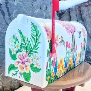 Hand painted mailbox, Large mailbox, Wildflowers, Hummingbirds, Floral, Artistic, Unique designs, Tropical flowers, Sample, Custom Designs