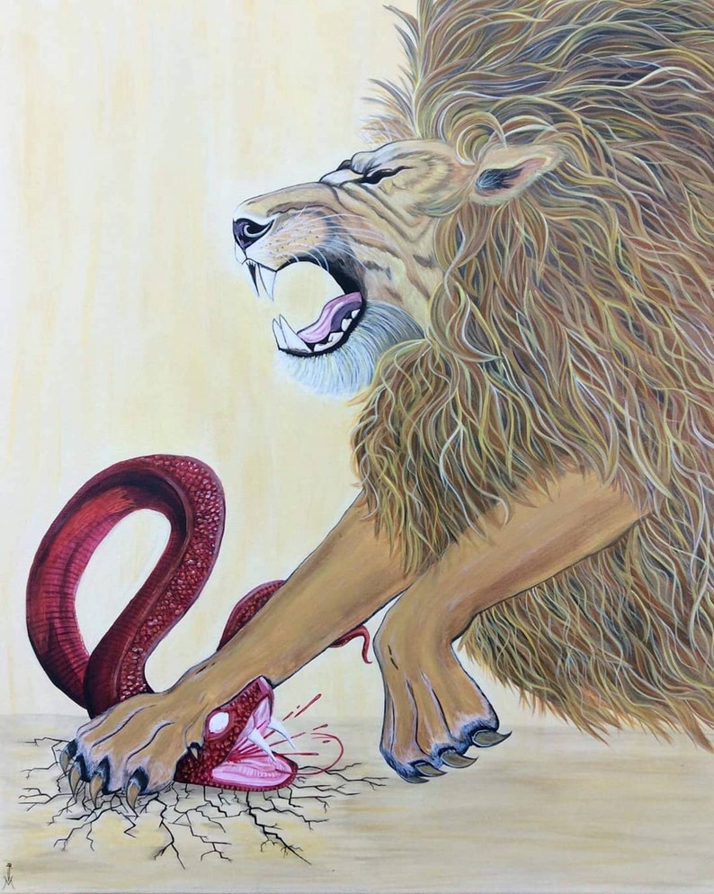 May include: A painting of a lion with a large mane, roaring and attacking a red snake. The lion's claws are digging into the ground, and the snake's head is open in a scream. The background is a light yellow.