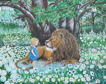A Safe Place art print, Lion Art, Lion and Little girl, Inner Child Healing, Animal print, Christian art, Jesus art