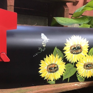 Hand painted mailbox, Medium mailbox, Sunflowers and bees, Hand crafted, Black galvanized steel, Artistic, Sample, Custom Designs