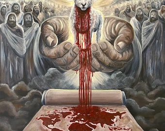 Slain for the Sins of the World art print, Book of Revelation, Bible art, Christian art, Jesus art