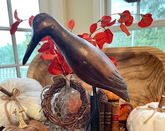 Vintage Dark Wood Heron Statue with Matte Metal Legs and Wooden Stand