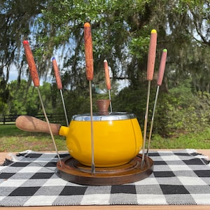 Vintage 1960s Retro Yellow Wooden Handled Fondue Pot Set with Original Forks