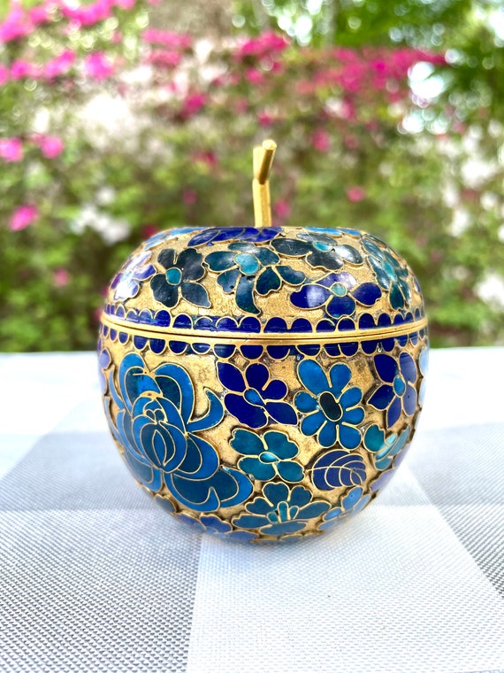 Vintage Cloisonne Brass Apple with Blue Enamel Fl… - image 3