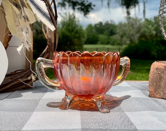 Vintage Marigold Carnival Glass Scalloped Sugar Bowl with Handles