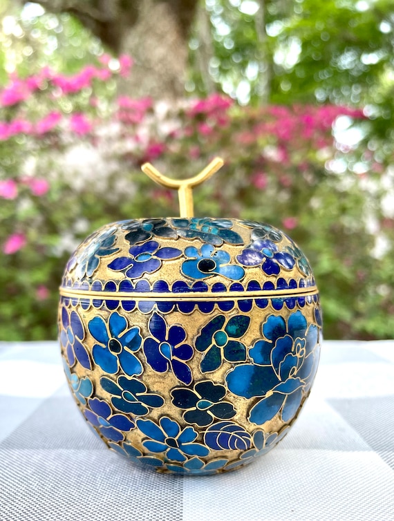 Vintage Cloisonne Brass Apple with Blue Enamel Fl… - image 1