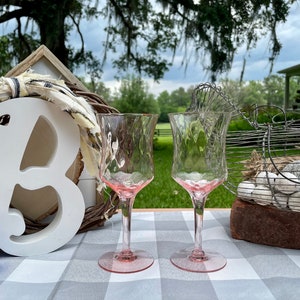 Vintage Set of 2 Pink Depression Glass Tiffin Diamond Optic Stemware Wine Glasses