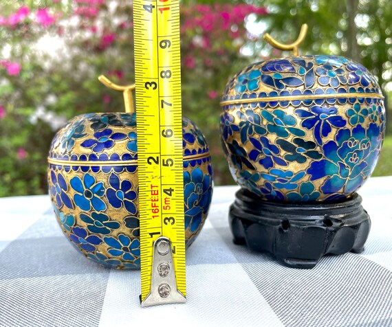 Vintage Cloisonne Brass Apple with Blue Enamel Fl… - image 7