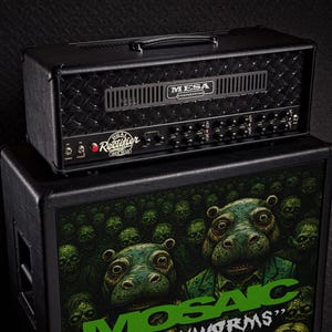 May include: A black Mesa Engineering Dual Rectifier 100W head amplifier sits atop a black speaker cabinet featuring a graphic print of green hippopotamus heads and skulls with the text MOSAIC WORMS in large green letters on the front grille.
