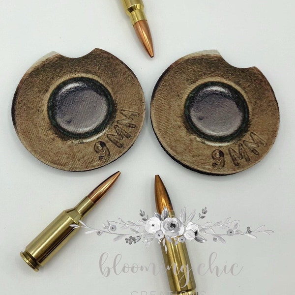 Set of 2 Neoprene Round Case Head Car Coasters - Bullet