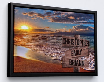 Personalized Family Name Sign Canvas Wall Art With Tropical Beach Palm Tree Sunset And Custom Street Sign For Home Decor Gift, Road Signs