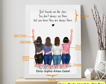 Personalised Gift For Best Friend, 2-3-4 Friend Group, Friendship Print, Best Friend Print, BFF, Bestie Gift, Friend Birthday Gift For Her