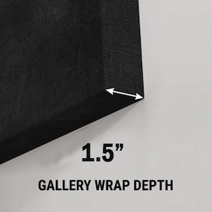Op de afbeelding: Close-up van de rand van een zwarte canvasprint die de 1,5" diepte van de galerijomslag laat zien.