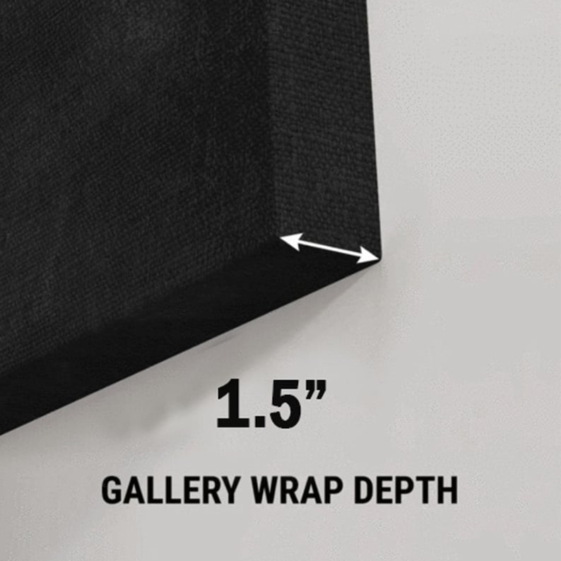 Op de afbeelding: Close-up van de rand van een zwarte canvasprint die de 1,5" diepte van de galerijomslag laat zien.