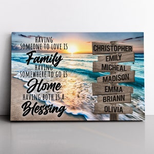 Personalized Sunset Beach Family Home Blessing Inspirational Quote Canvas Wall Art With Name Framed, Custom Name Sign Framed, Family Sign