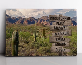 Personalized Family Road Sign Canvas Wall Art with Last Name for Home Decor, Custom Name Sign, Desert Cactus Street Signs Art Framed in Wood