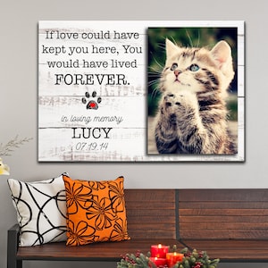 Op de afbeelding: Een wit houten bord met een zwarte pootprint en een rood hart in het midden. Het bord staat: "Als liefde je hier had kunnen houden, had je voor ALTIJD geleefd. In liefdevolle herinnering LUCY 07.19.14". Rechts van het bord is een foto van een tabby-kitten met blauwe ogen.