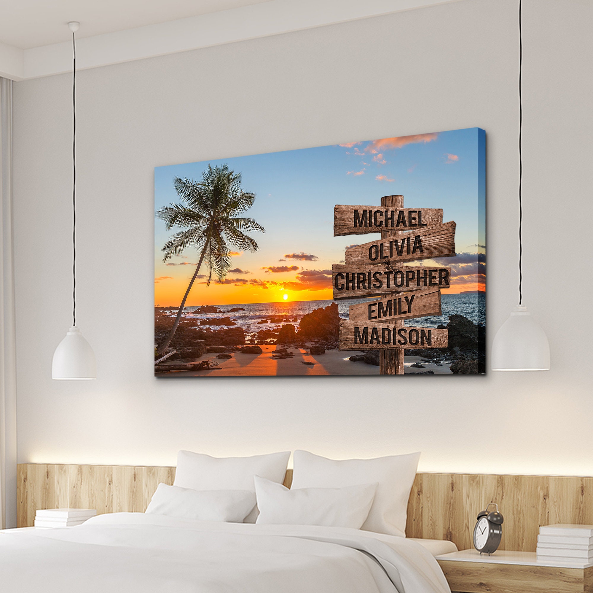 Personalized Family Name Sign Canvas Wall Art With Tropical Beach Palm Tree Sunset And Custom Street Sign For Home Decor Gift, Road Signs