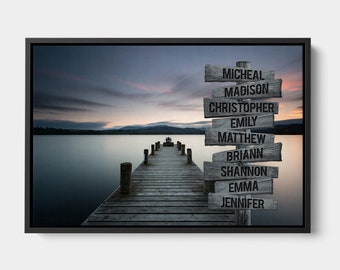 Personalized Sunset Lake Dock Canvas Wall Art With Name Framed, Custom Name Sign Framed, Family Street Sign Canvas Wedding Anniversary Gifts