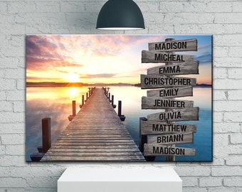 Custom Name Sign - Personalized Family Canvas Wall Art with Last Name for Home Decor Ocean Dock Framed in Wood, Perfect Christmas Keepsake