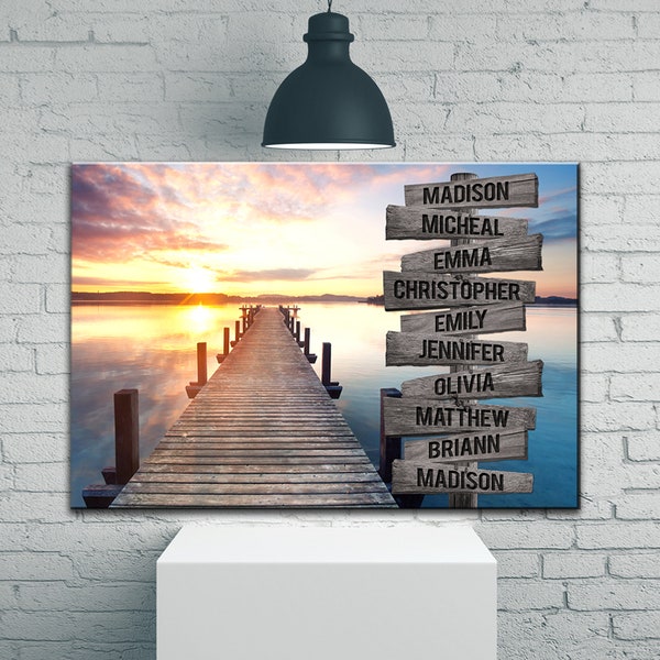 Sunset Lake Dock Personalize Canvas Wall Art With Name, Custom Family Street Sign Canvas, Family Name Canvas Sign, Multi Name Canvas Gift