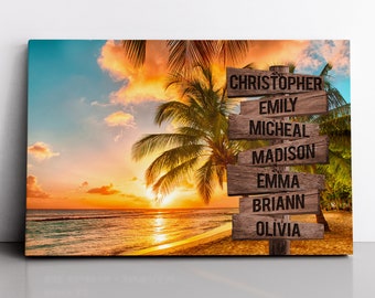 May include: A tropical sunset beach scene with a wooden signpost with the names Christopher, Emily, Micheal, Madison, Emma, Briann, and Olivia.