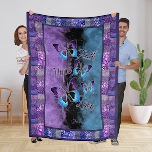 Purple Butterflies Faith Hope Love Fleece Blanket, Purple Butterfly Blanket, Housewarming Gift, Birthday Gift For Her Him, Home Decor Gifts