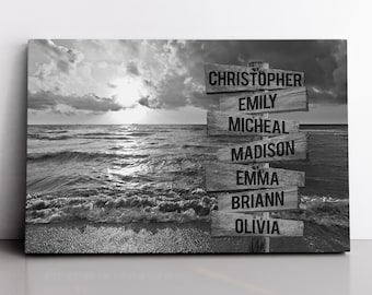 May include: Black and white photo of a beach scene with a wooden signpost with the names Christopher, Emily, Micheal, Madison, Emma, Briann, and Olivia written on it.