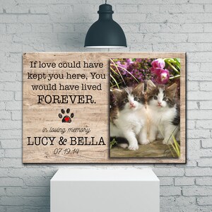 Op de afbeelding: Een houten gedenkplaat met een pootprint en een rood hart, met de tekst "Als liefde je hier had kunnen houden, zou je voor ALTIJD hebben geleefd." De plaat bevat ook de tekst "in liefdevolle herinnering LUCY & BELLA 07.19.14" en een foto van twee witte en bruine kittens.