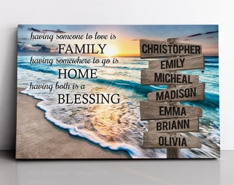 Personalized Sunset Beach Family Home Blessing Inspirational Quote Canvas Wall Art With Name Framed, Custom Name Sign Framed, Family Sign