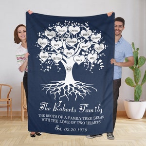 Personalized Fleece Blanket - Family Heart Tree With Custom Children Grandchildren Names Gift For Parents Grandparents Birthday Anniversary