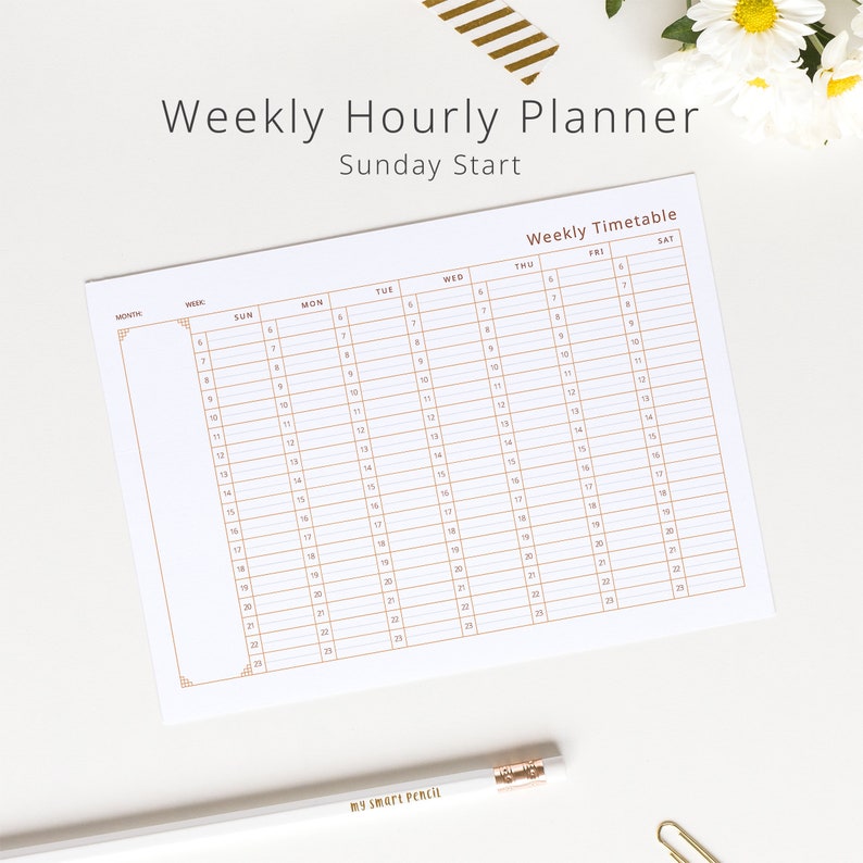 minimalist weekly hourly planner sunday start printable etsy