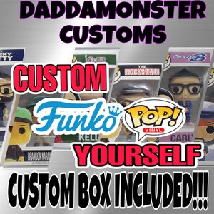 May include: A collection of custom Funko Pop! vinyl figures with custom boxes. The figures are of various characters, including a man with glasses, a man with a green hat, and a man with a red hat. The text "CUSTOM FUNKO POP! YOURSELF" is displayed in large, bold letters.