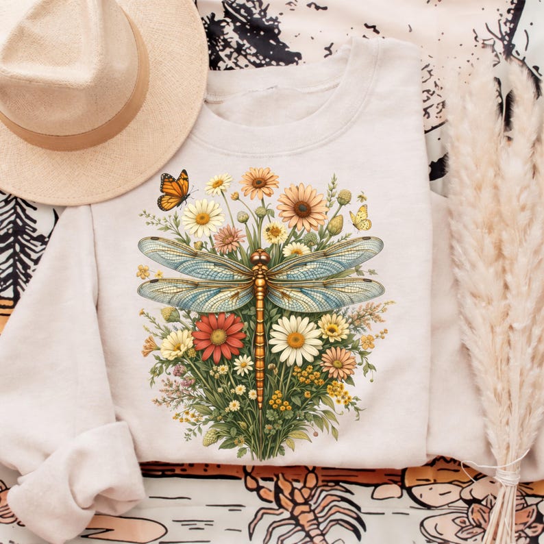 Dragonfly Floral PNG Vintage Wildflower Dragonfly Illustration | Boho ...