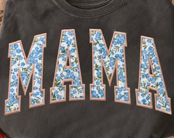 Mama Floral Applique PNG | Vintage Blue Flower Mama Design | Mother’s Day Shirt Graphic | Embroidery Style Mama PNG | Mom Sweatshirt Design