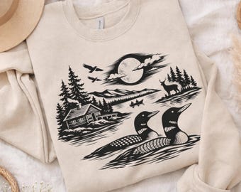 Vintage Loon Lake PNG | Wildlife Nature Illustration | Moon Lake Cabin Art | Forest Landscape PNG | Sublimation Digital Download