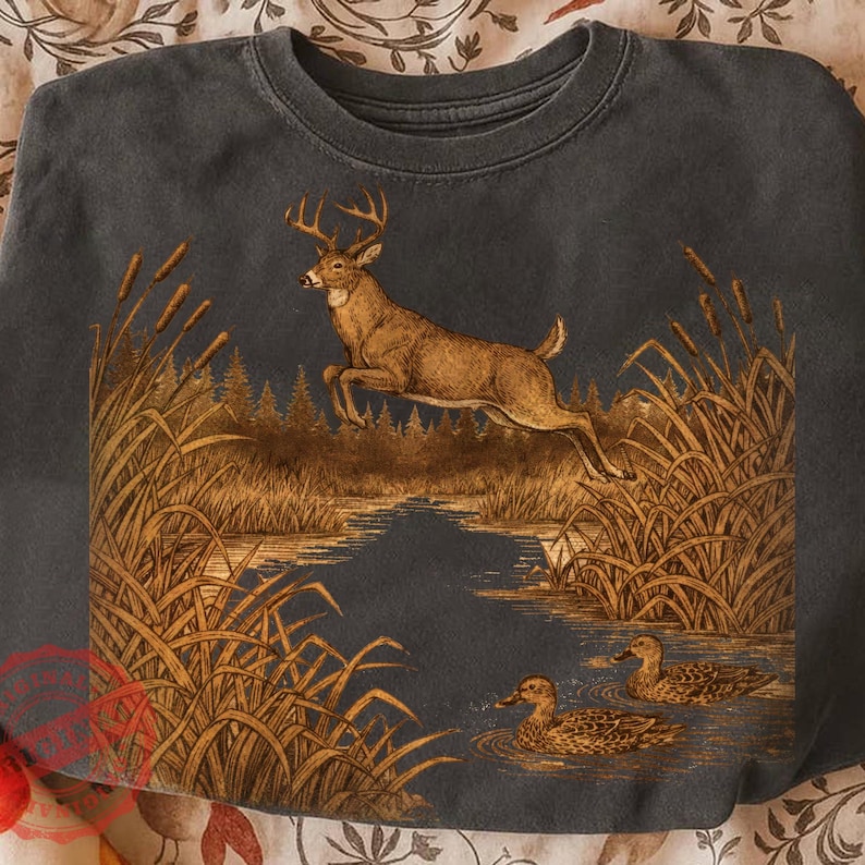 Peut inclure: Sweat-shirt gris fonc&eacute; avec une illustration d&eacute;taill&eacute;e d'un cerf sautant au-dessus de l'eau. Le motif comprend des quenouilles, des arbres et deux canards nageant. L'&oelig;uvre est dans les tons de brun et de beige.