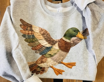 Vintage Mallard Duck PNG | Patchwork Flying Duck Illustration | Rustic Farmhouse Wildlife Art | Hunting Sweatshirt Sublimation