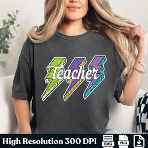 Lightning Bolt Teacher PNG SVG, Back To School Png Svg, Neon Teacher Shirt Png Svg, Retro Teacher Png, Checkered Teacher Png Svg