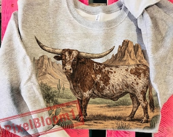 Vintage Longhorn Bull PNG | Western Cowboy Cattle Illustration | Retro Desert Ranch Animal Art | Rustic Western Shirt Sublimation Png