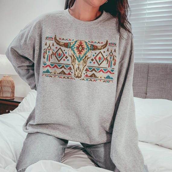 Aztec Bull Skull PNG | Western Boho Cow Skull Design | Southwestern Tribal Art | Cowgirl Sweatshirt Sublimation | Rustic Western Shirt PNG