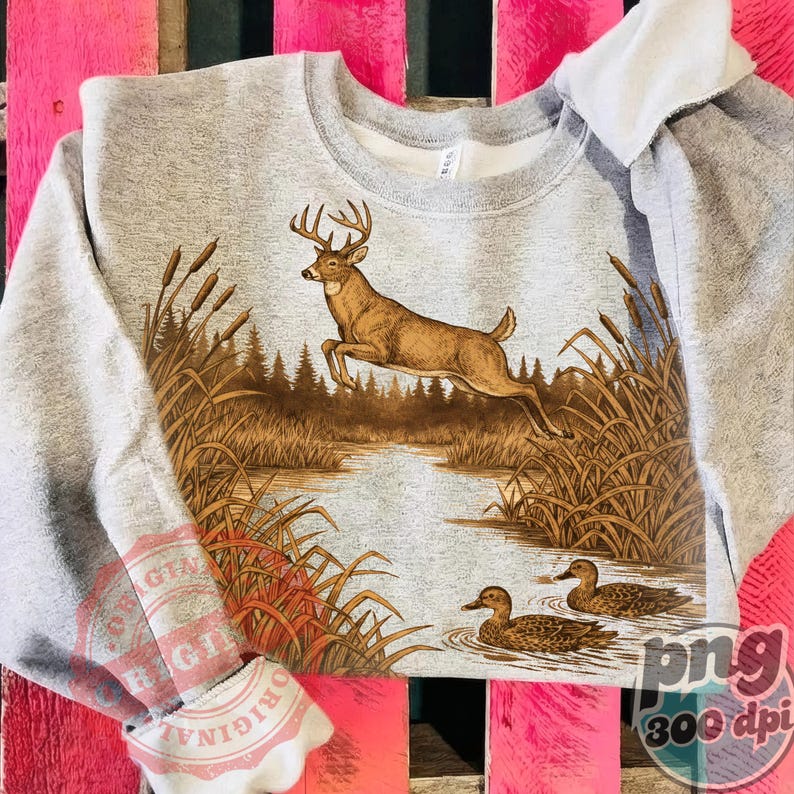 Peut inclure: Un sweat-shirt gris avec un cerf brun sautant au-dessus d'une rivi&egrave;re, avec des quenouilles et des canards dans l'eau. Le design a un aspect vintage et plein air. Le sweat-shirt est fait d'une mati&egrave;re douce.